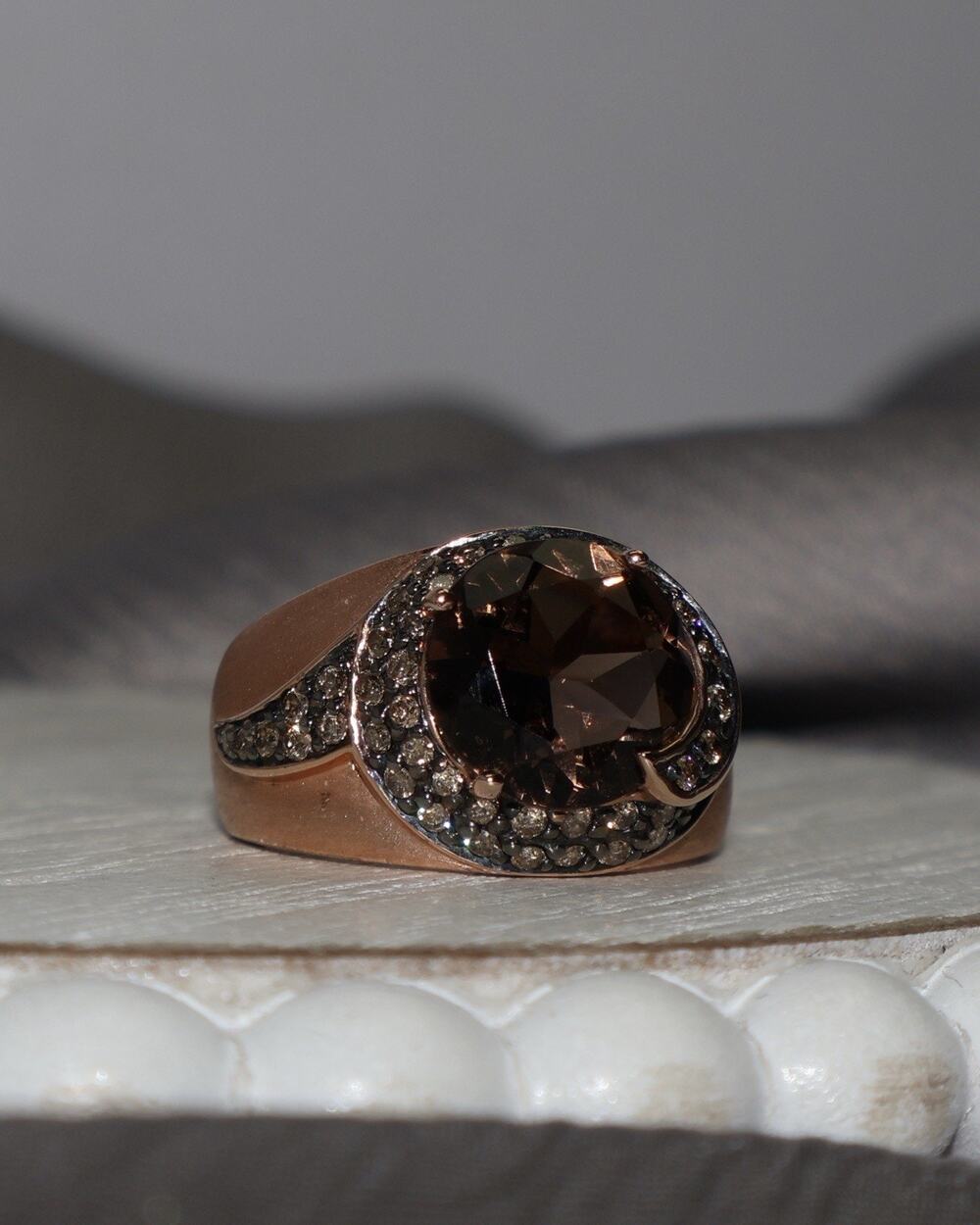 14k Rose Gold Somky Quartz & Champagne Diamond Ring 7.7G / Sz 6